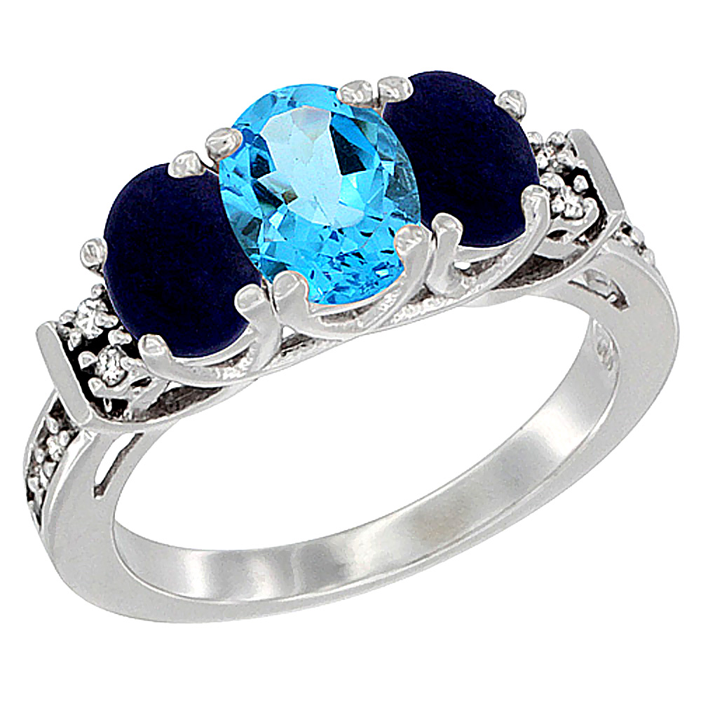 14K White Gold Natural Swiss Blue Topaz & Lapis Ring 3-Stone Oval Diamond Accent, sizes 5-10