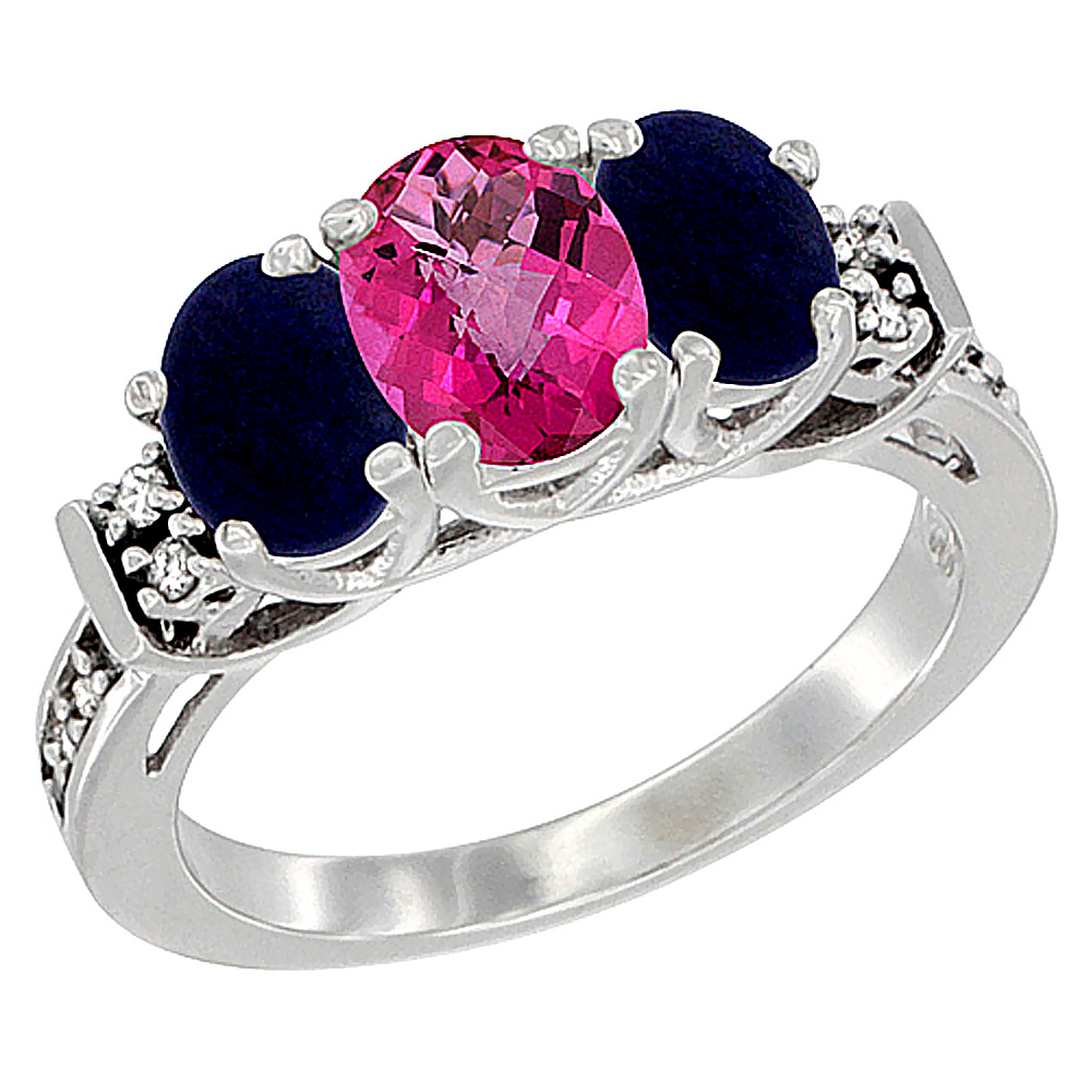 14K White Gold Natural Pink Topaz & Lapis Ring 3-Stone Oval Diamond Accent, sizes 5-10