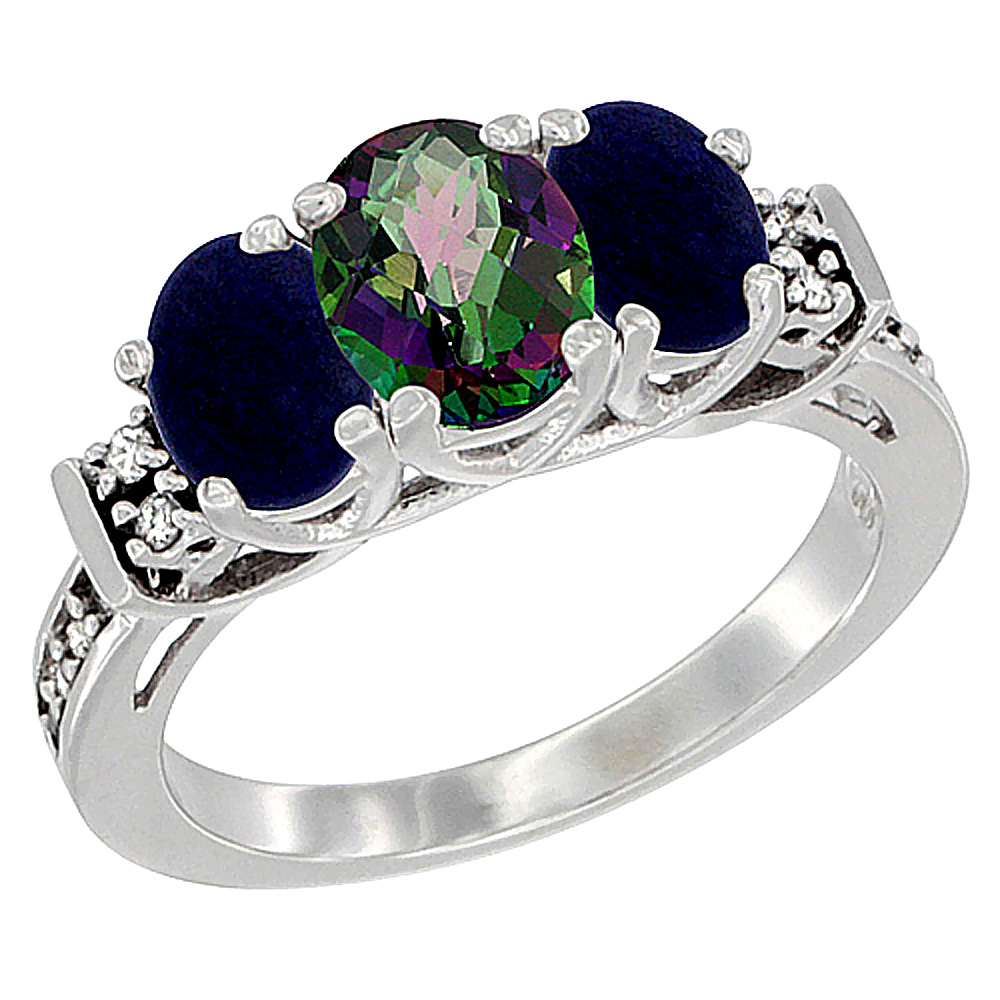 14K White Gold Natural Mystic Topaz & Lapis Ring 3-Stone Oval Diamond Accent, sizes 5-10
