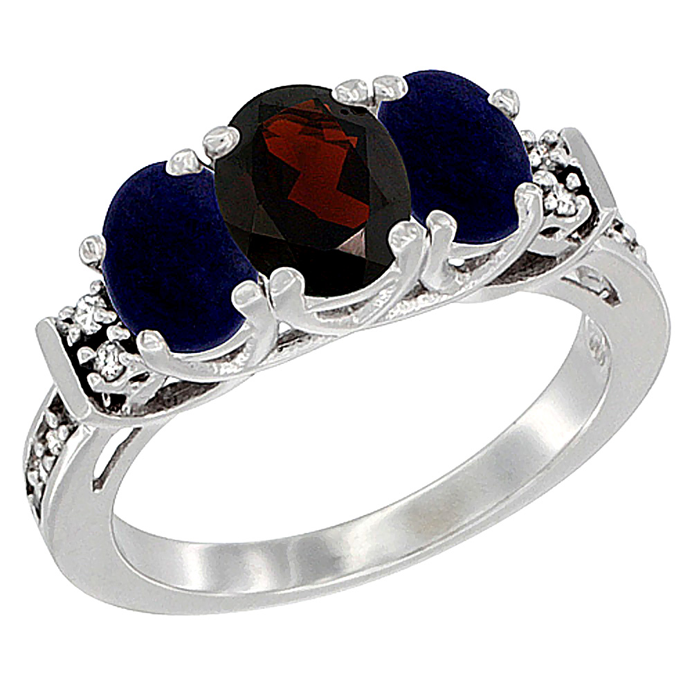 10K White Gold Natural Garnet & Lapis Ring 3-Stone Oval Diamond Accent, sizes 5-10