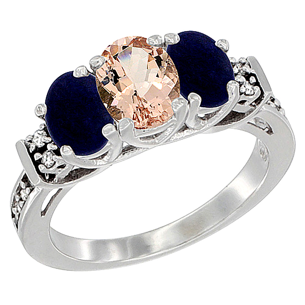 14K White Gold Natural Morganite & Lapis Ring 3-Stone Oval Diamond Accent, sizes 5-10