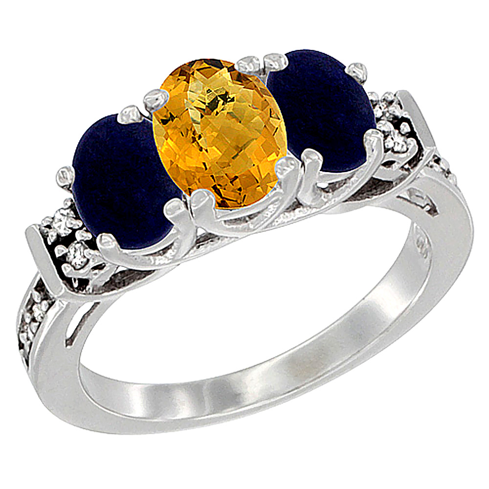 10K White Gold Natural Whisky Quartz & Lapis Ring 3-Stone Oval Diamond Accent, sizes 5-10