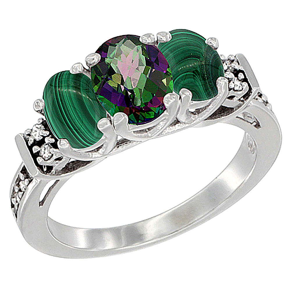 14K White Gold Natural Mystic Topaz & Malachite Ring 3-Stone Oval Diamond Accent, sizes 5-10