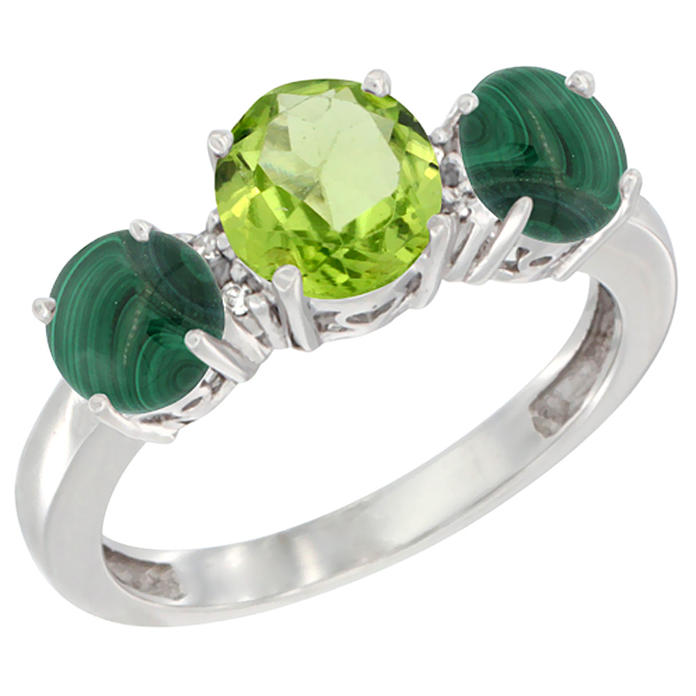 10K White Gold Round 3-Stone Natural Peridot Ring & Malachite Sides Diamond Accent, sizes 5 - 10
