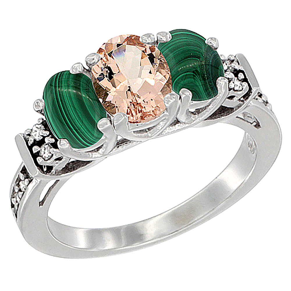 14K White Gold Natural Morganite & Malachite Ring 3-Stone Oval Diamond Accent, sizes 5-10