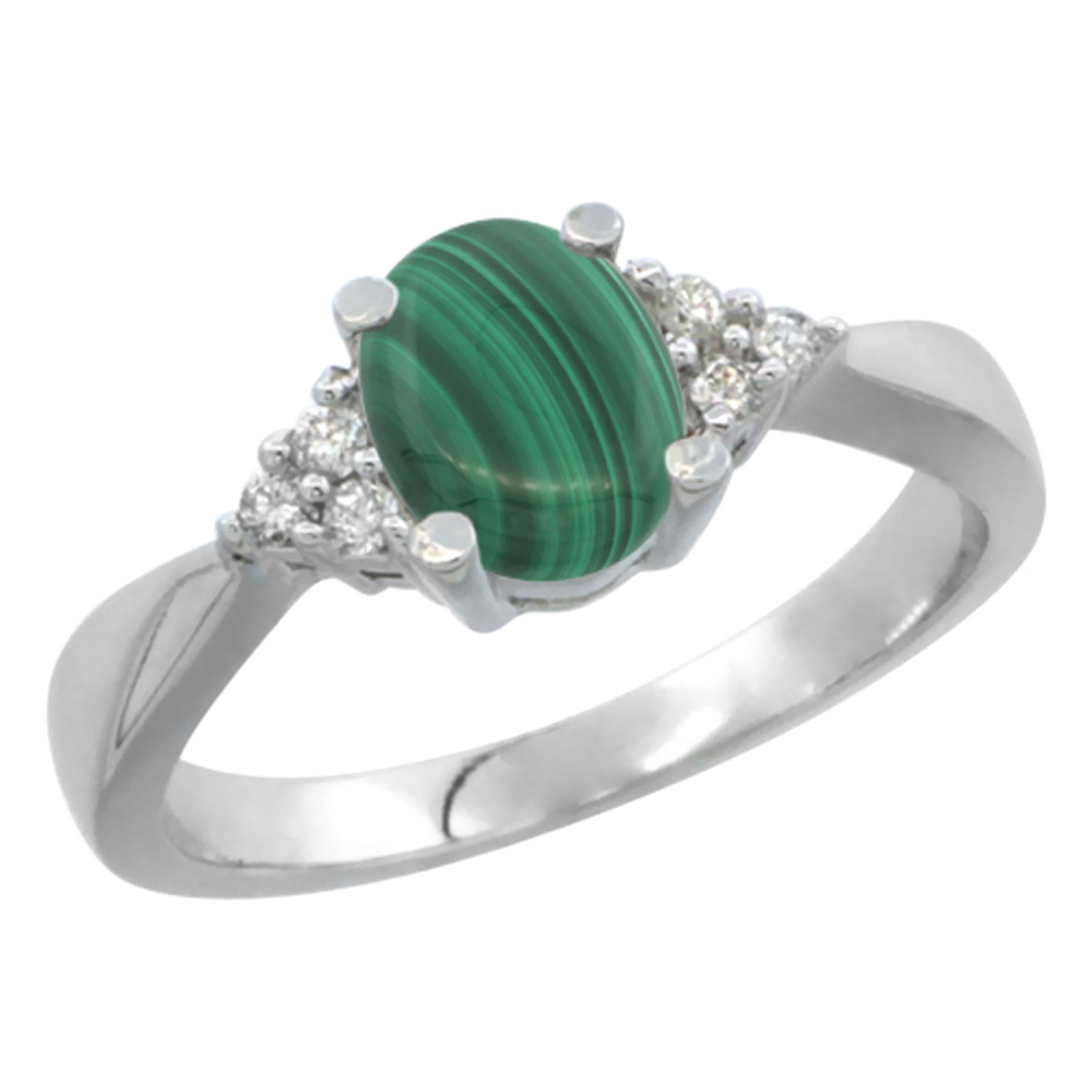 10K White Gold Diamond Natural Malachite Engagement Ring Oval 7x5mm, sizes 5-10