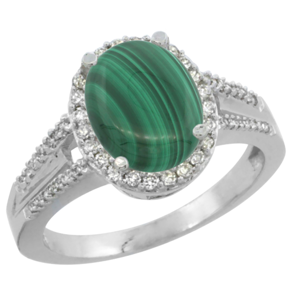 10K White Gold Diamond Natural Malachite Engagement Ring Oval 10x8mm, sizes 5-10