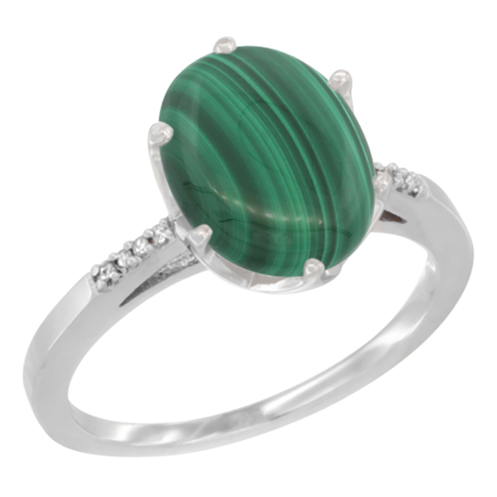 10K White Gold Natural Malachite Engagement Ring 10x8 mm Oval, sizes 5 - 10