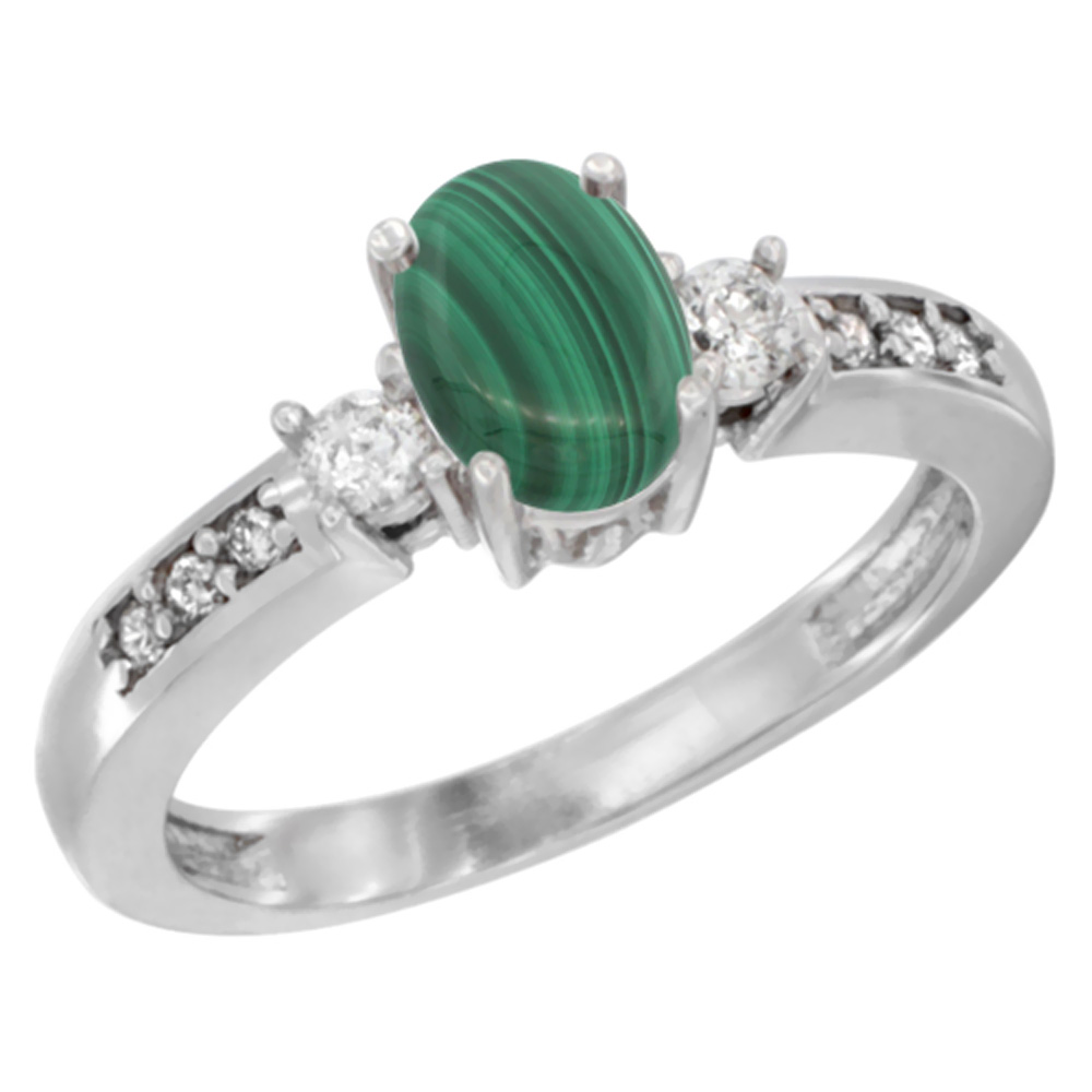 10K White Gold Diamond Natural Malachite Engagement Ring Oval 7x5 mm, sizes 5 - 10