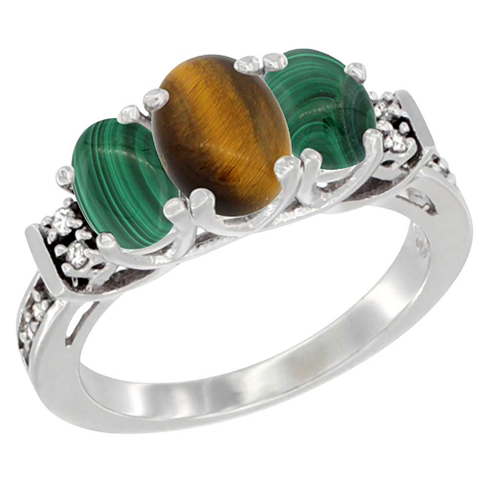 14K White Gold Natural Tiger Eye & Malachite Ring 3-Stone Oval Diamond Accent, sizes 5-10