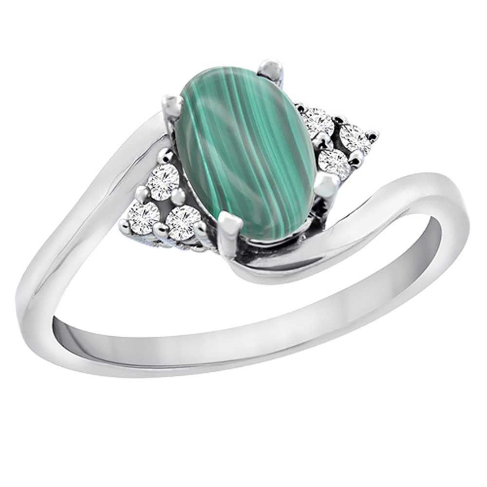 10K White Gold Diamond Natural Malachite Engagement Ring Oval 7x5mm, sizes 5 - 10