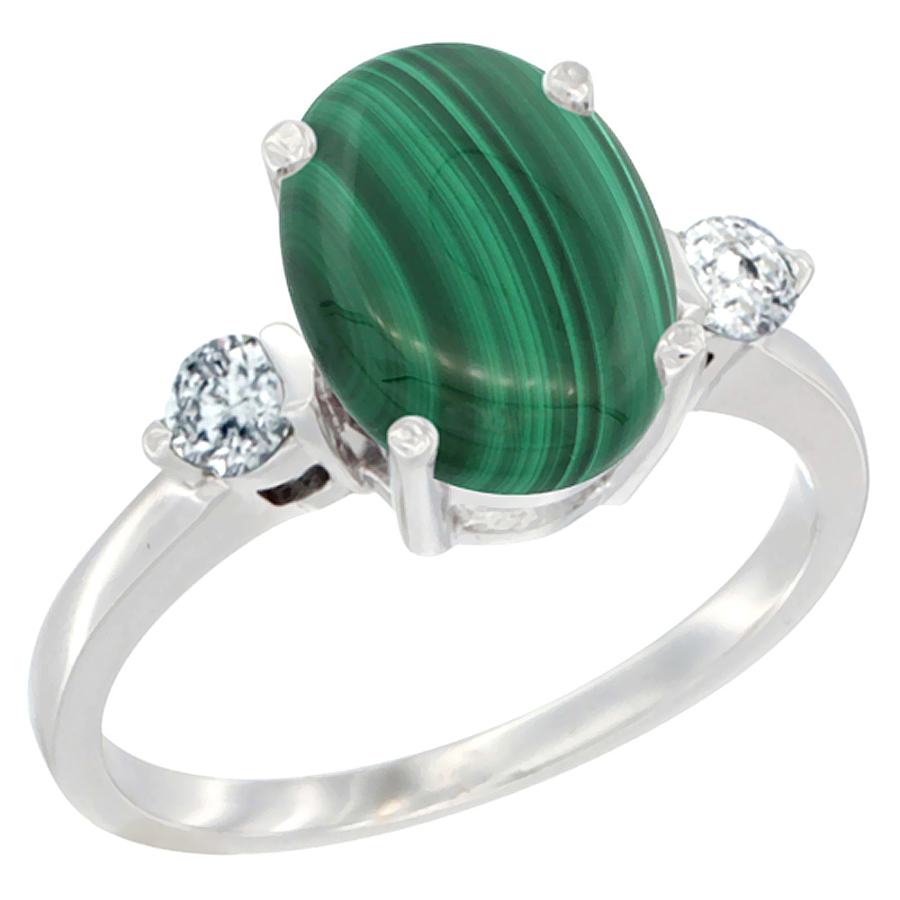 10K White Gold 10x8mm Oval Natural Malachite Ring for Women Diamond Side-stones sizes 5 - 10