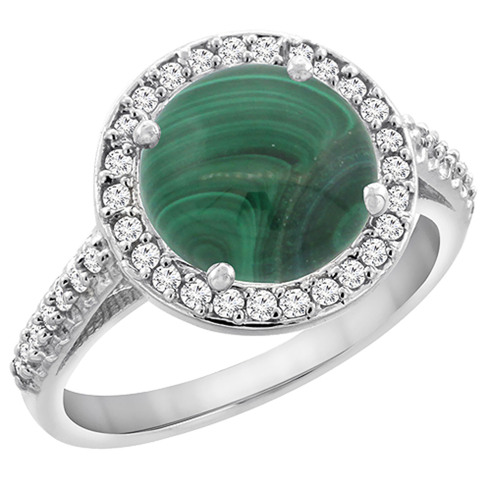 14K White Gold Natural Malachite Ring Round 8mm Diamond Halo, sizes 5 to 10
