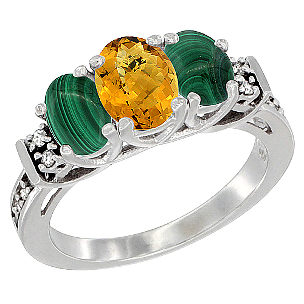 10K White Gold Natural Whisky Quartz & Malachite Ring 3-Stone Oval Diamond Accent, sizes 5-10
