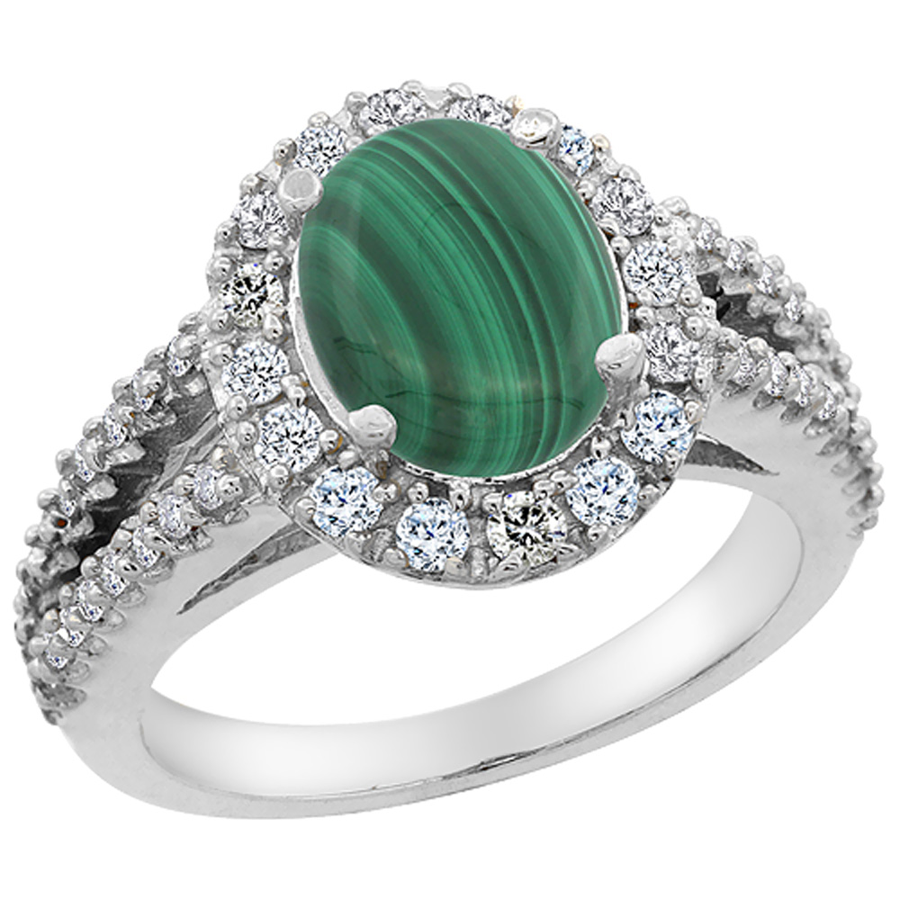10K White Gold Diamond Natural Malachite Engagement Ring Oval 10x8mm, sizes 5-10