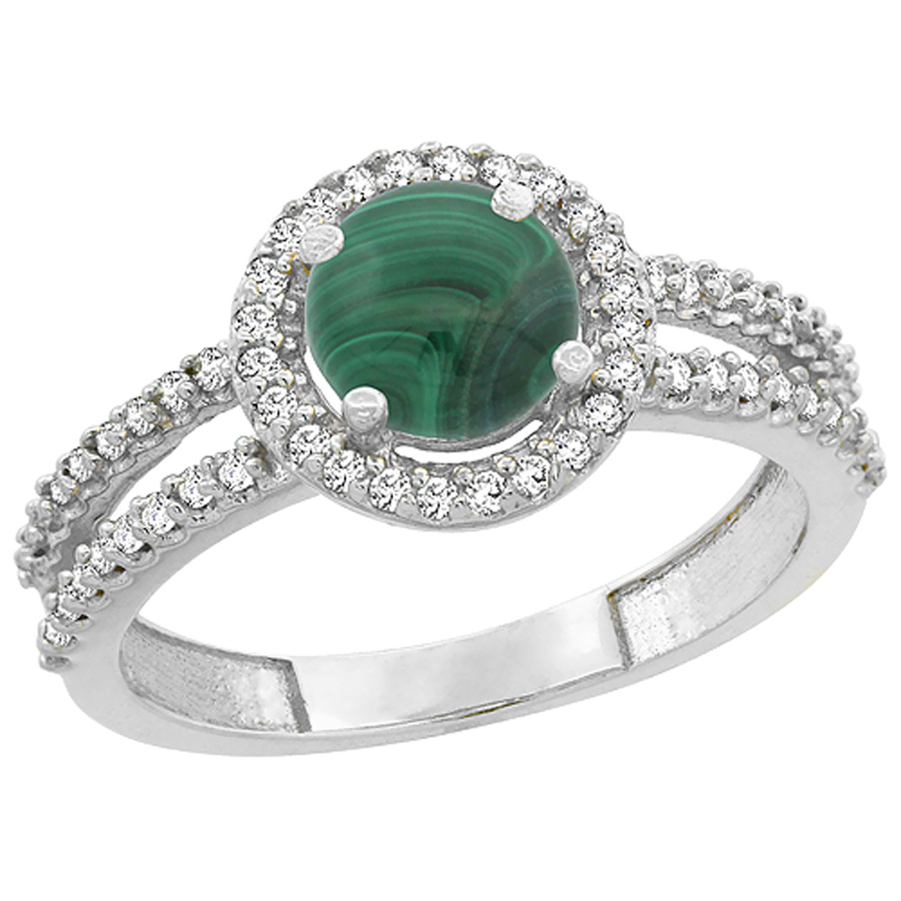 10K White Gold Natural Malachite Diamond Halo Ring Round 6mm, sizes 5 - 10