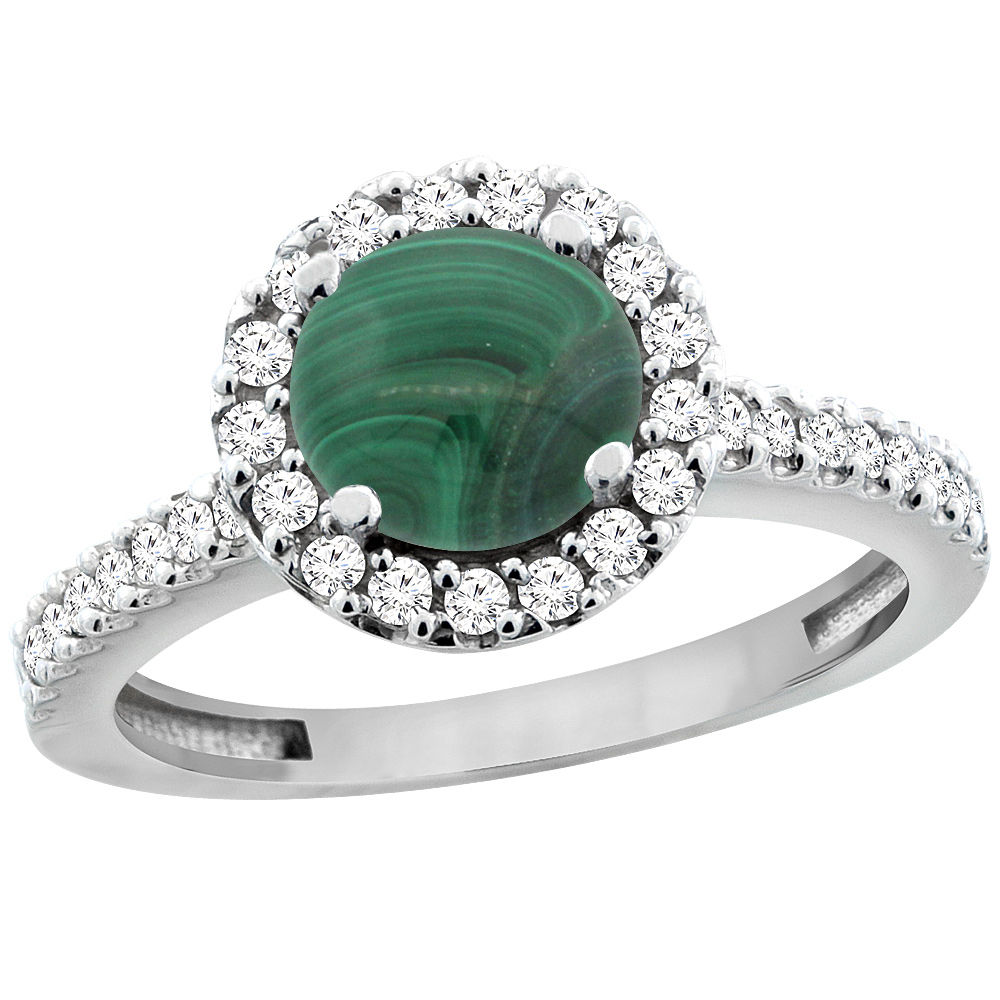 10K White Gold Natural Malachite Ring Round 6mm Floating Halo Diamond, sizes 5 - 10