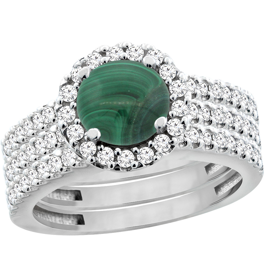 10K White Gold Natural Malachite 3-Piece Bridal Ring Set Round 6mm Halo Diamond, sizes 5 - 10