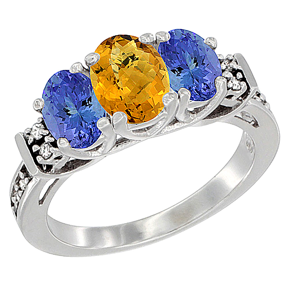 10K White Gold Natural Whisky Quartz & Tanzanite Ring 3-Stone Oval Diamond Accent, sizes 5-10
