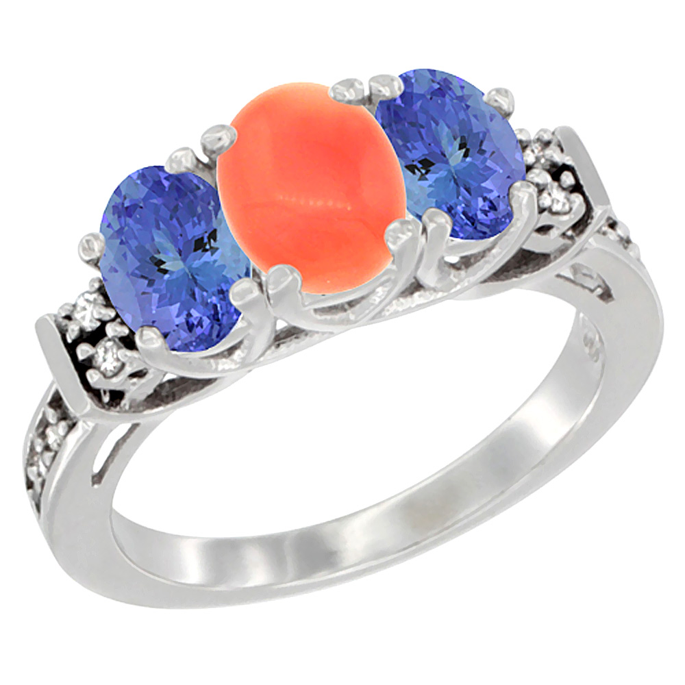 10K White Gold Natural Coral & Tanzanite Ring 3-Stone Oval Diamond Accent, sizes 5-10