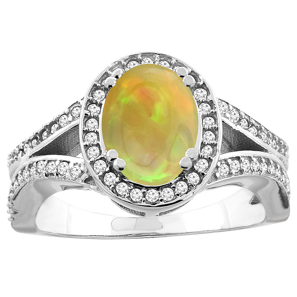14k Gold Diamond Halo Genuine Ethiopian Opal Ring Split Shank Oval 8x6mm, size 5-10