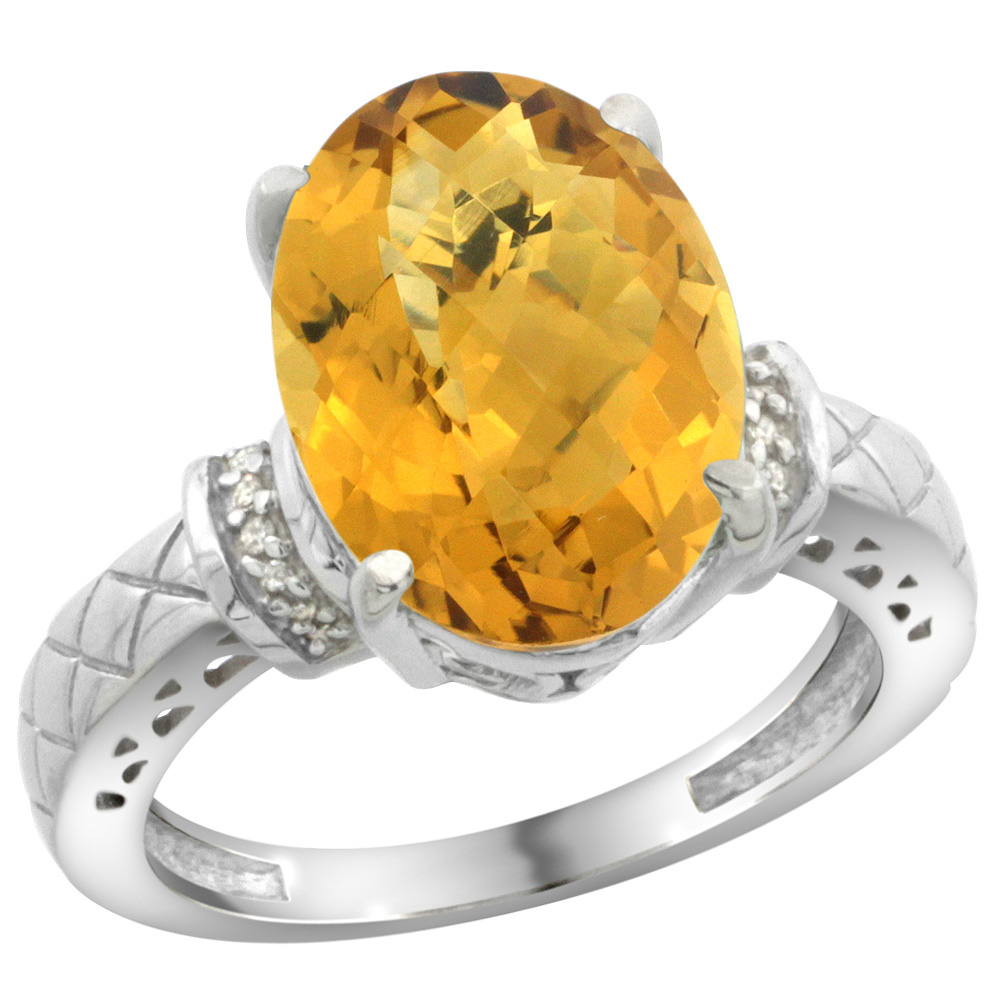 Sterling Silver Diamond Natural Whisky Quartz Ring Oval 14x10mm, sizes 5-10