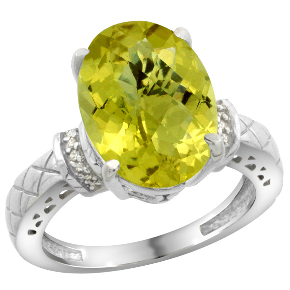Sterling Silver Diamond Natural Lemon Quartz Ring Oval 14x10mm, sizes 5-10