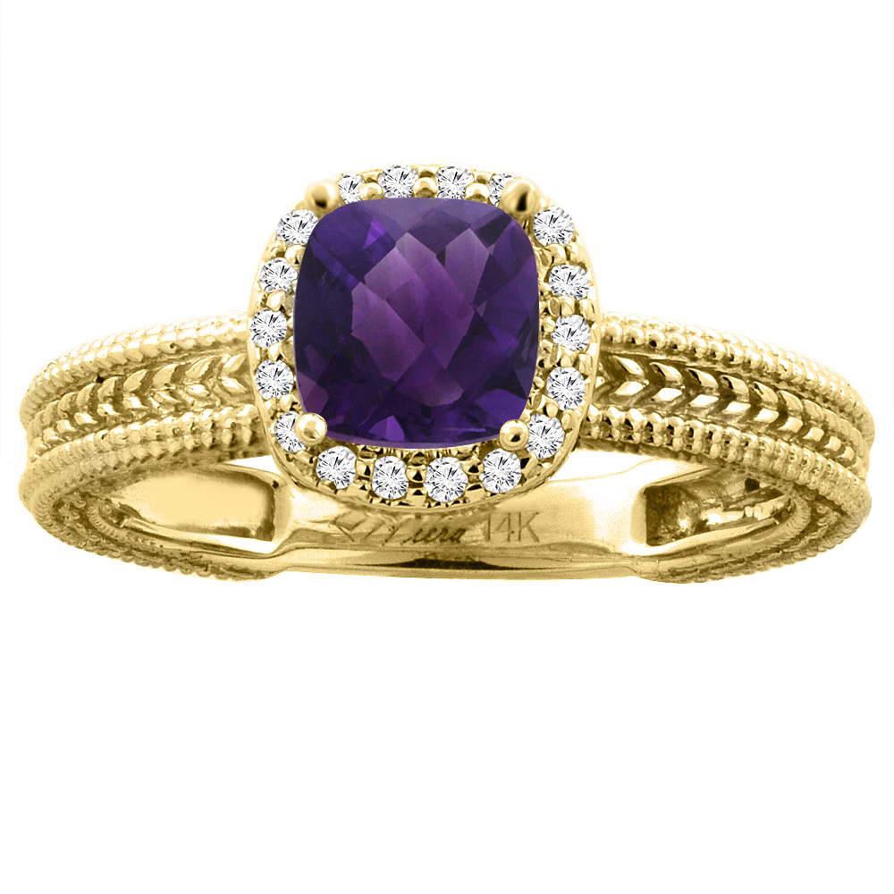 14K White Gold Diamond Natural Amethyst Engagement Ring Cushion 7x7 mm, sizes 5-10