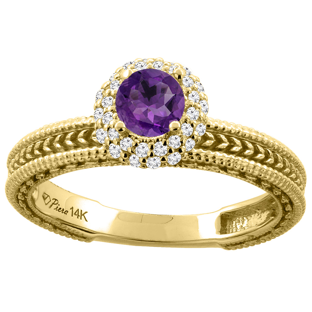 14K White Gold Natural Amethyst & Diamond Engagement Ring Round 5 mm, sizes 5-10
