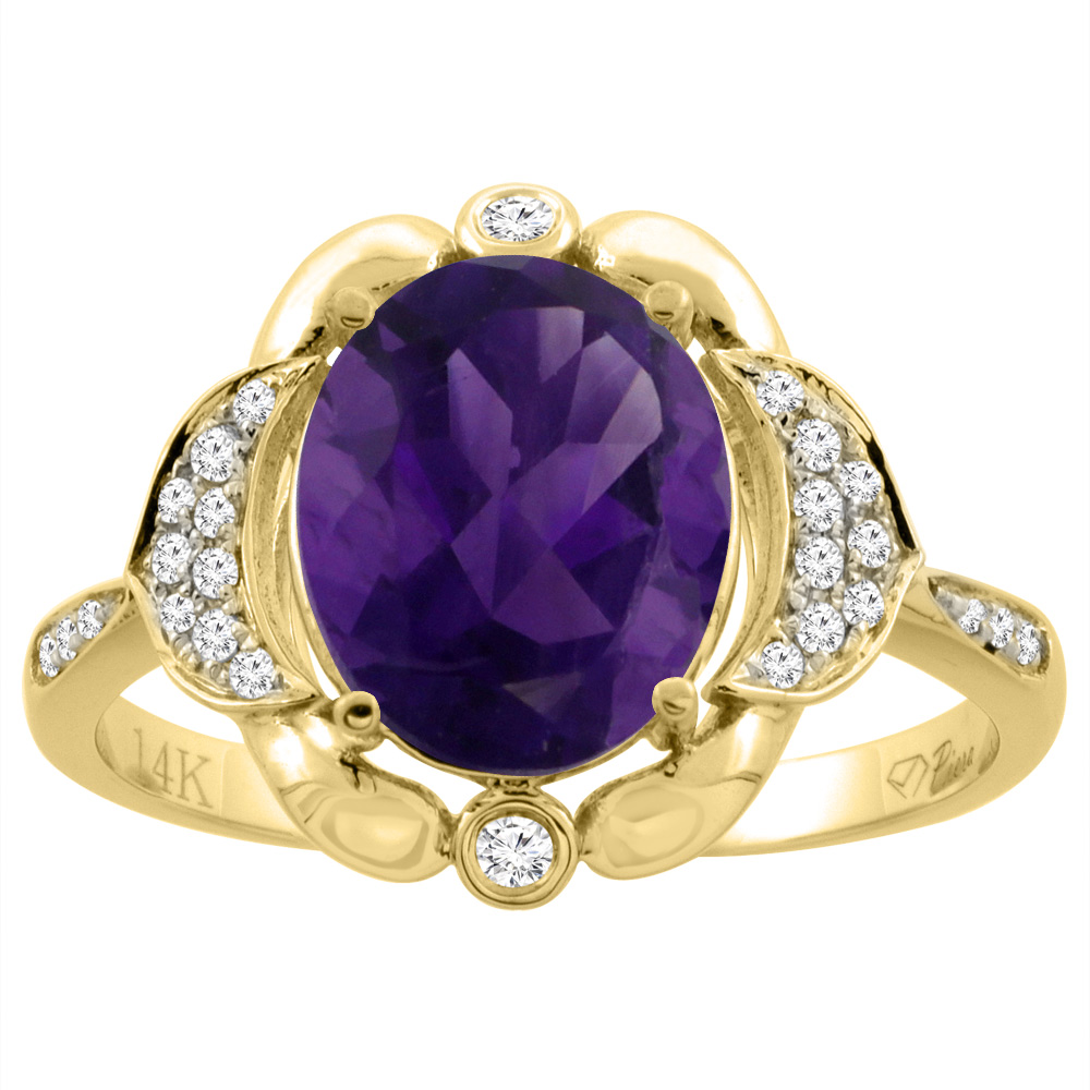 14K White Gold Diamond Natural Amethyst Engagement Ring Oval 10x8mm, sizes 5-10