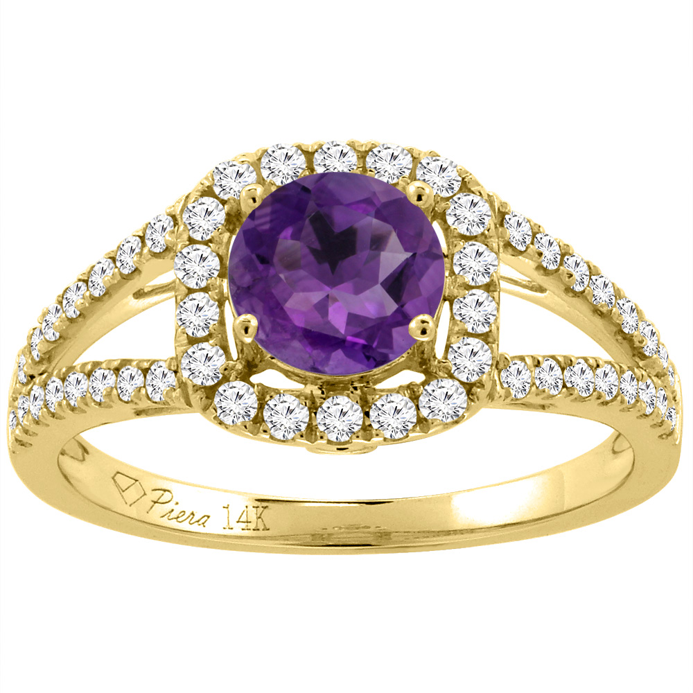 14K White Gold Diamond Natural Amethyst Engagement Halo Ring Round 7 mm, sizes 5-10