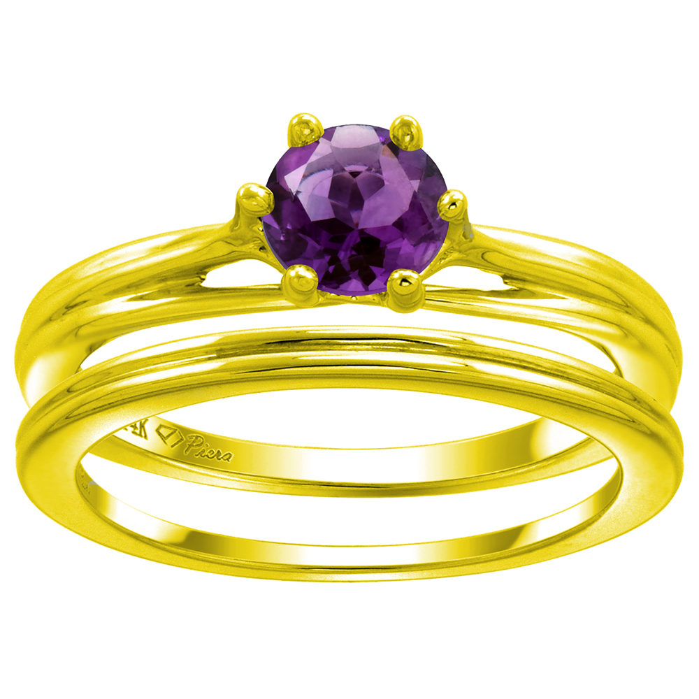 14k Yellow Gold Genuine Amethyst Solitaire Engagement 2pc Ring Set Round 6mm, size 5-10
