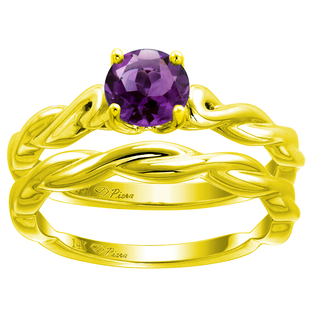 14k Yellow Gold Genuine Amethyst 2pc Solitaire Engagement Ring Set Round 6mm Twisted Shank, size 5-10