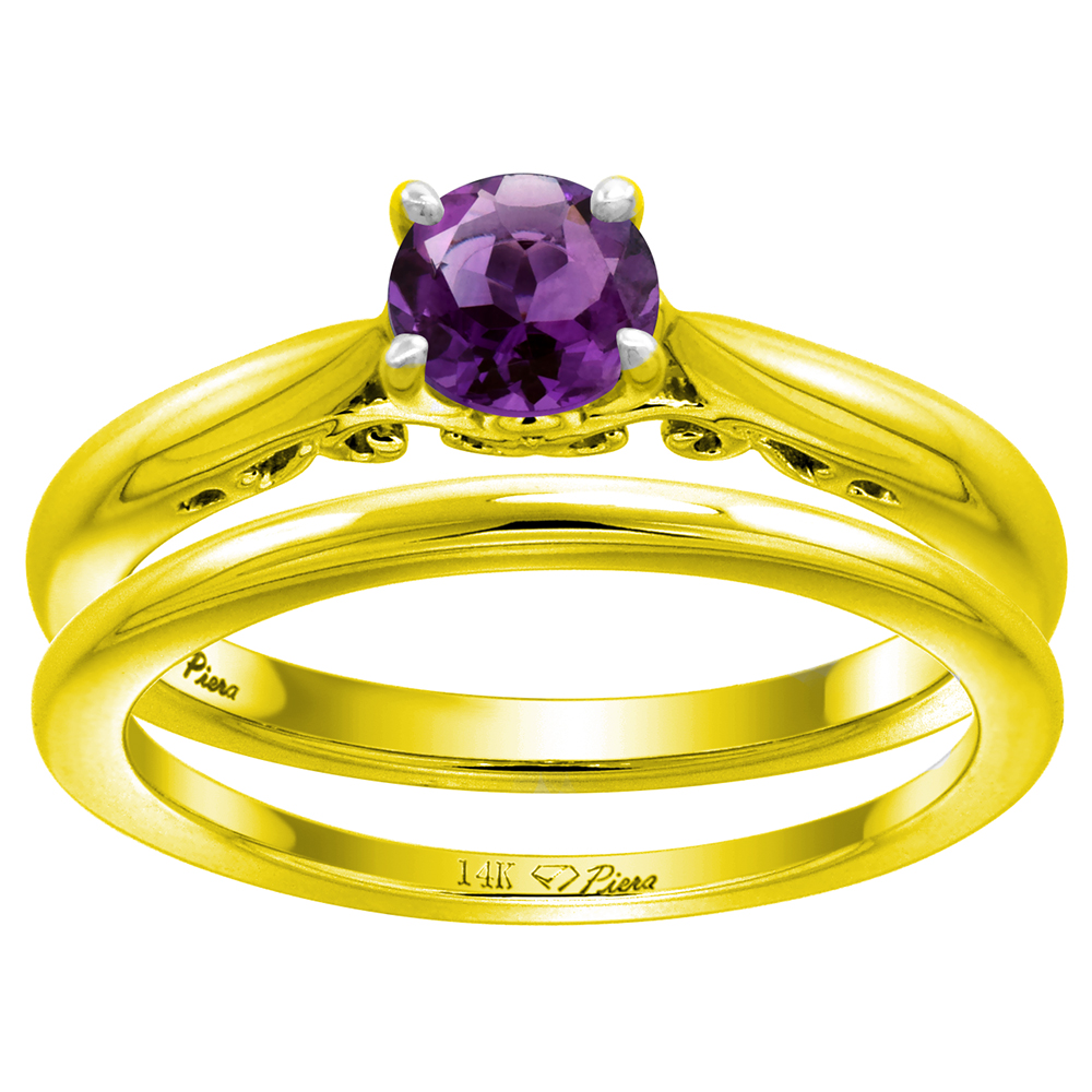 14k Yellow Gold Genuine Amethyst Solitaire Engagement 2pc Ring Set Round 6mm, size 5-10