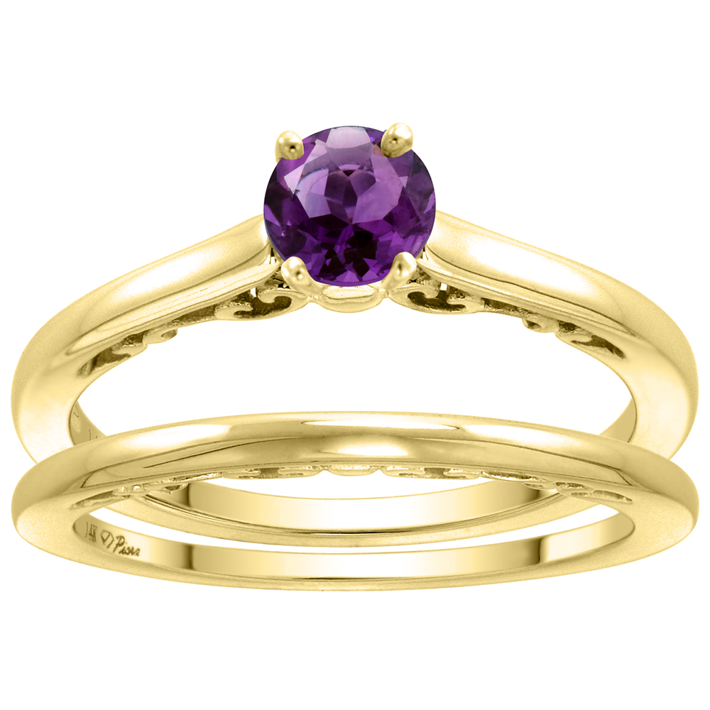 14k Yellow Gold Genuine Amethyst Solitaire Engagement 2pc Ring Set Round 4mm, size 5 -10