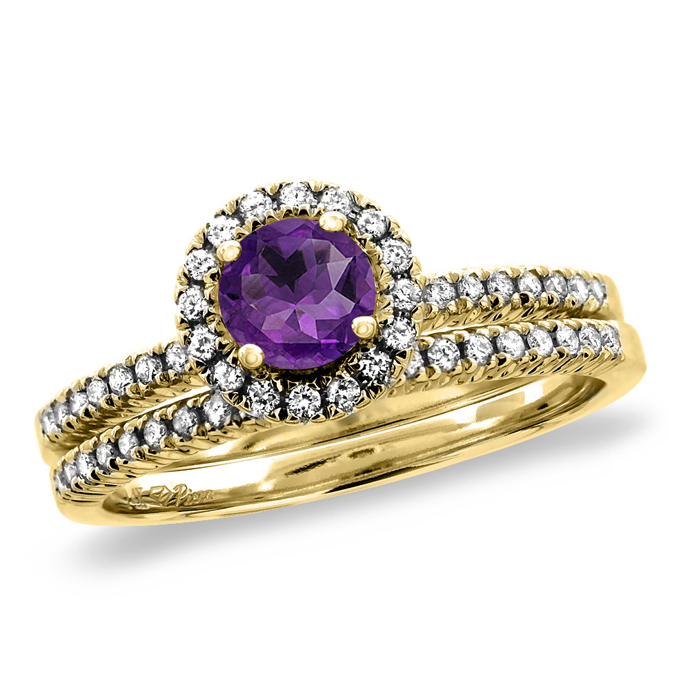 14K Yellow Gold Diamond Natural Amethyst 2pc Halo Engagement Ring Set Round 4 mm, sizes 5 -10