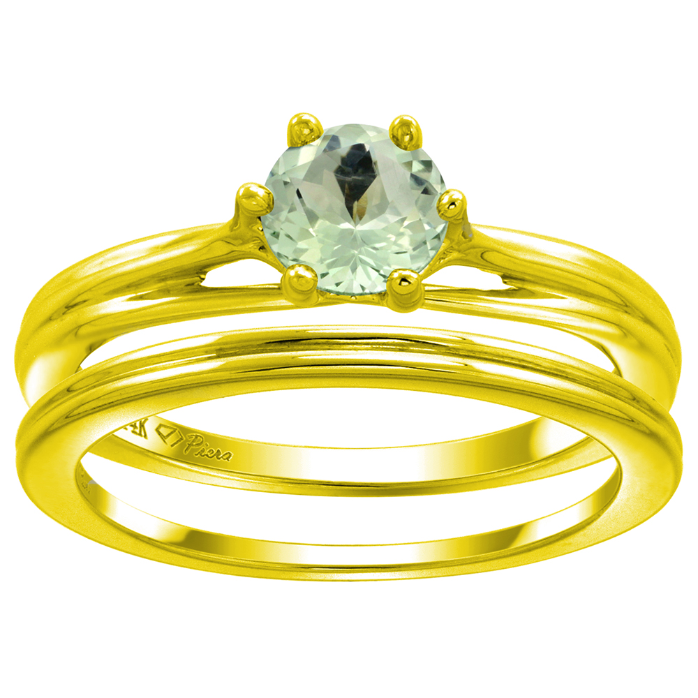 14k Yellow Gold Genuine Green Amethyst Solitaire Engagement 2pc Ring Set Round 6mm, size 5-10