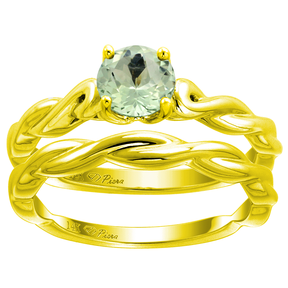 14k Yellow Gold Genuine Green Amethyst 2pc Solitaire Engagement Ring Set Round 6mm Twisted Shank,size5-10