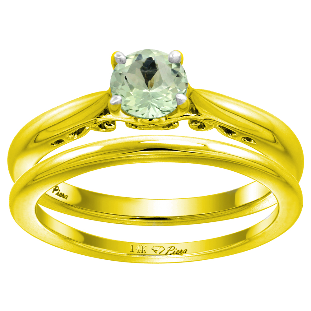 14k Yellow Gold Genuine Green Amethyst Solitaire Engagement 2pc Ring Set Round 6mm, size 5-10