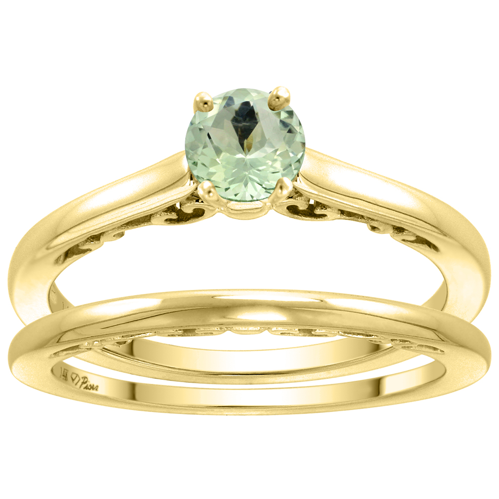 14k Yellow Gold Genuine Green Amethyst Solitaire Engagement 2pc Ring Set Round 4mm, size 5-10