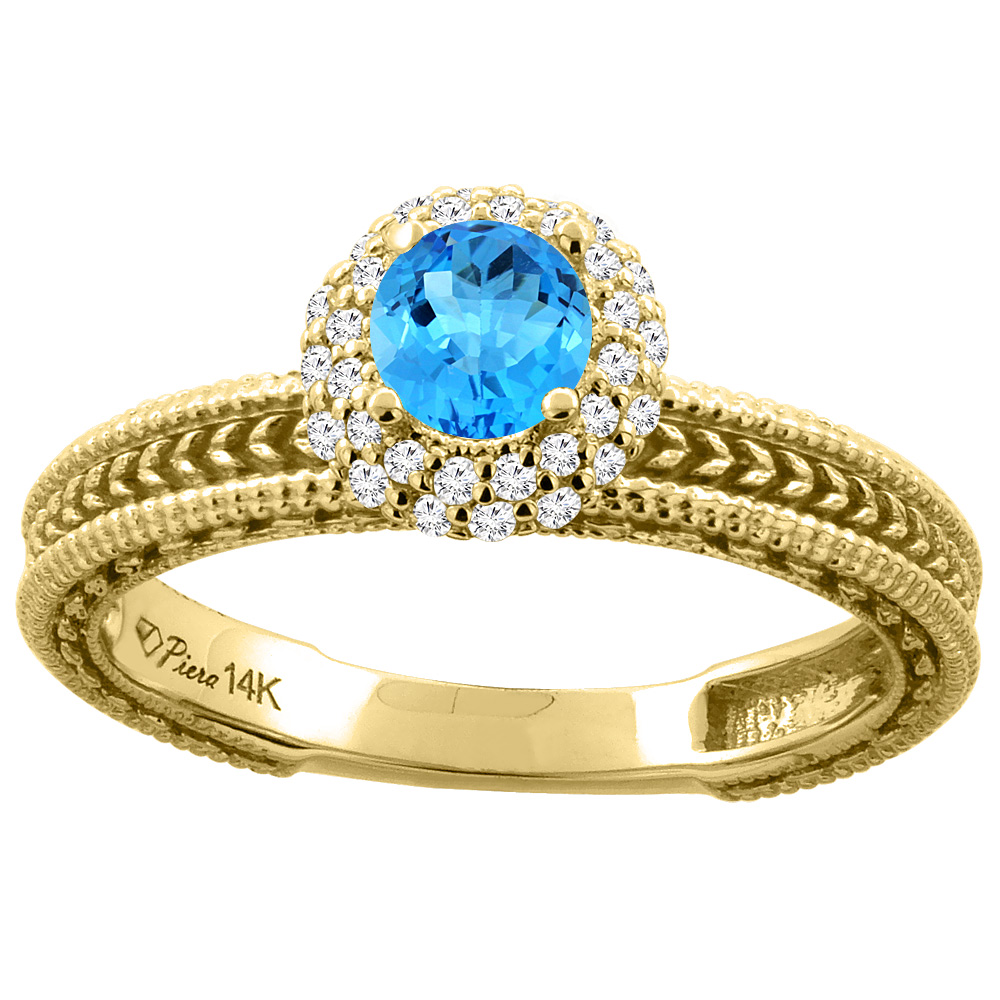 14K White Gold Natural Swiss Blue Topaz & Diamond Engagement Ring Round 5 mm, sizes 5-10