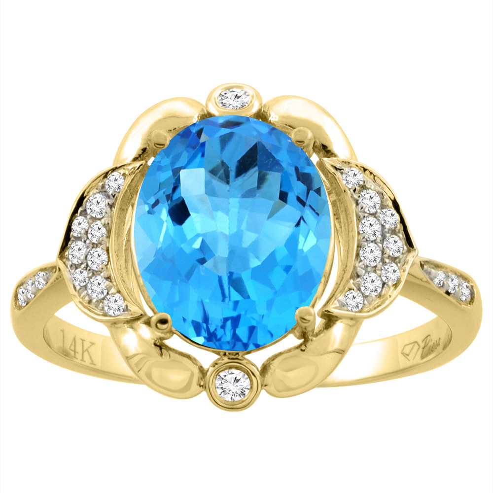 14K White Gold Diamond Natural Swiss Blue Topaz Engagement Ring Oval 10x8mm, sizes 5-10