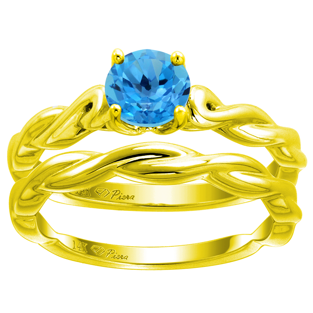 14k Yellow Gold Genuine Swiss Blue Topaz 2pc Solitaire Engagement Ring Set Round 6mm Twisted, size 5-10