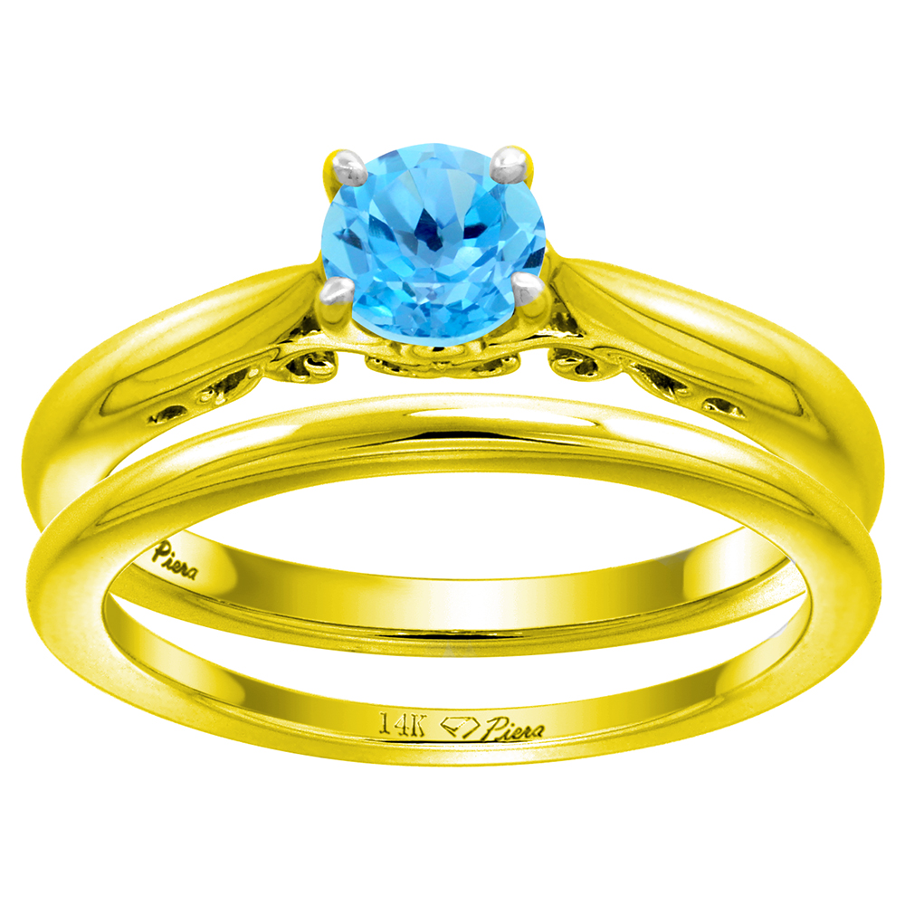 14k Yellow Gold Genuine Swiss Blue Topaz Solitaire Engagement 2pc Ring Set Round 6mm, size 5-10