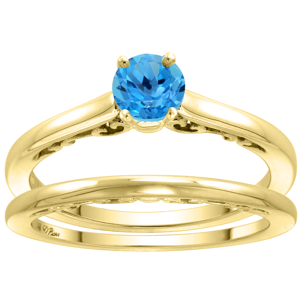 14k Yellow Gold Genuine Swiss Blue Topaz Solitaire Engagement 2pc Ring Set Round 4mm, size 5-10