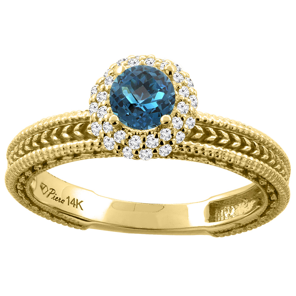 14K White Gold Natural London Blue Topaz & Diamond Engagement Ring Round 5 mm, sizes 5-10