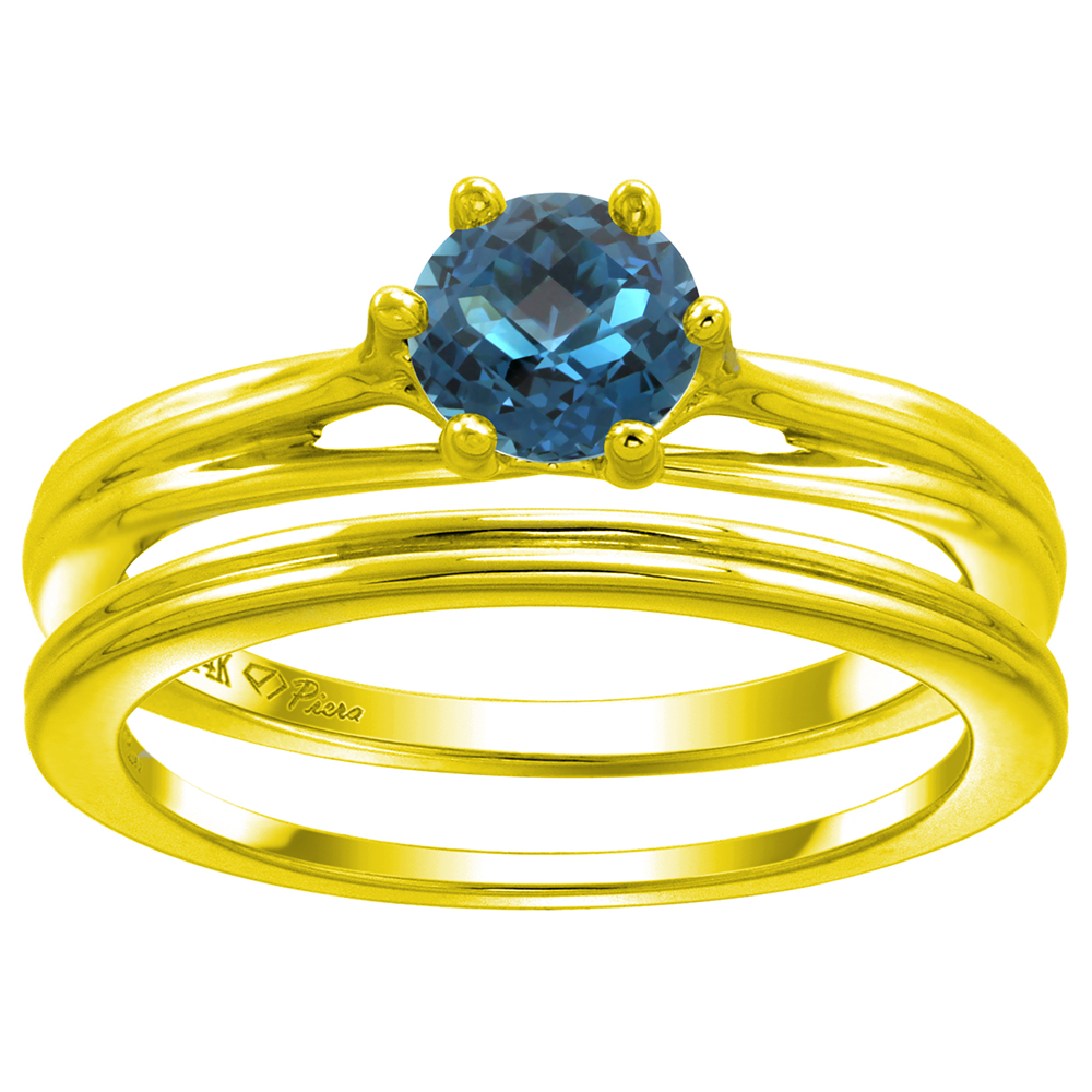 14k Yellow Gold Genuine London Blue Topaz Solitaire Engagement 2pc Ring Set Round 6mm, size 5-10