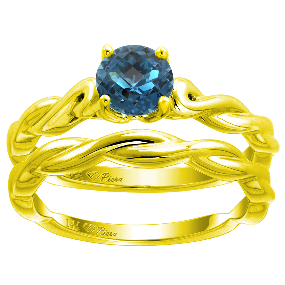14k Yellow Gold Genuine London BlueTopaz 2pc Solitaire Engagement Ring Set Round 6mm Twisted, size 5-10