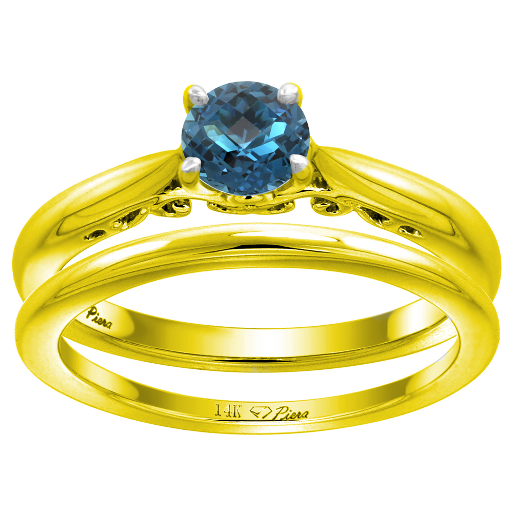 14k Yellow Gold Genuine London Blue Topaz Solitaire Engagement 2pc Ring Set Round 6mm, size 5-10