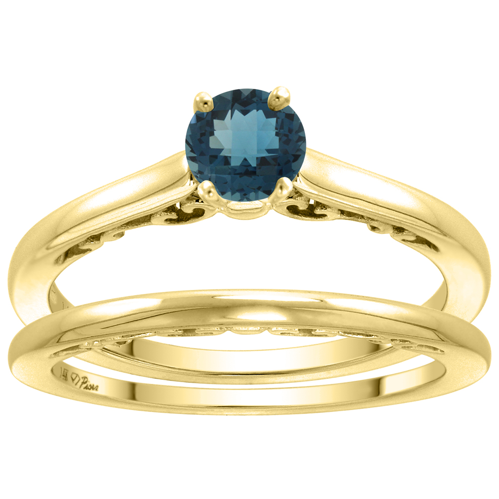 14k Yellow Gold Genuine London Blue Topaz Solitaire Engagement 2pc Ring Set Round 4mm, size 5-10